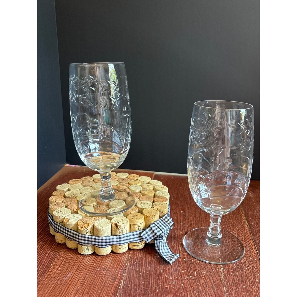 Rock Sharpe Baden Iced Tea Glasses Set of 2 Etched Floral Crystal 7 Inch Vintage